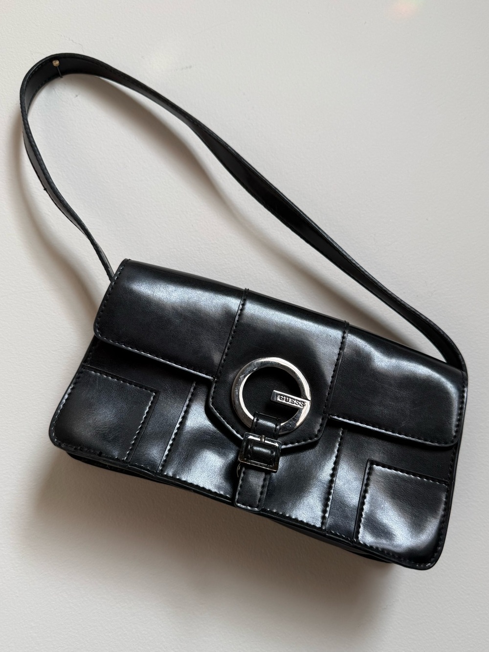 Guess Black Shoulder Bag with Silver Ring Accent